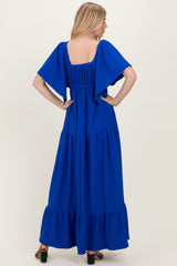 Royal Woven Textured Flutter Sleeve V-Neck Tiered Maxi Dress