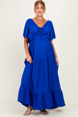 Royal Woven Textured Flutter Sleeve V-Neck Tiered Maternity Maxi Dress
