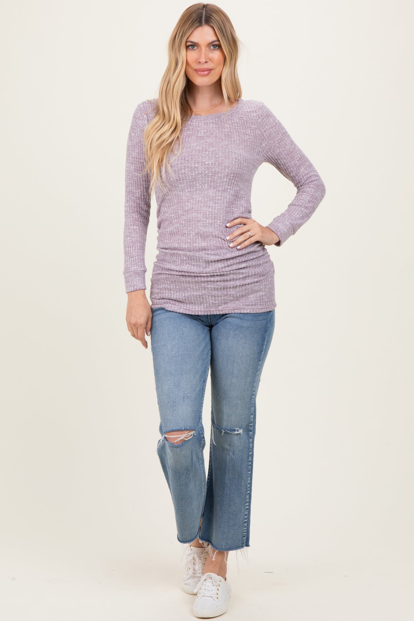 Lavender Waffle Knit Long Sleeve Ruched Tunic Top