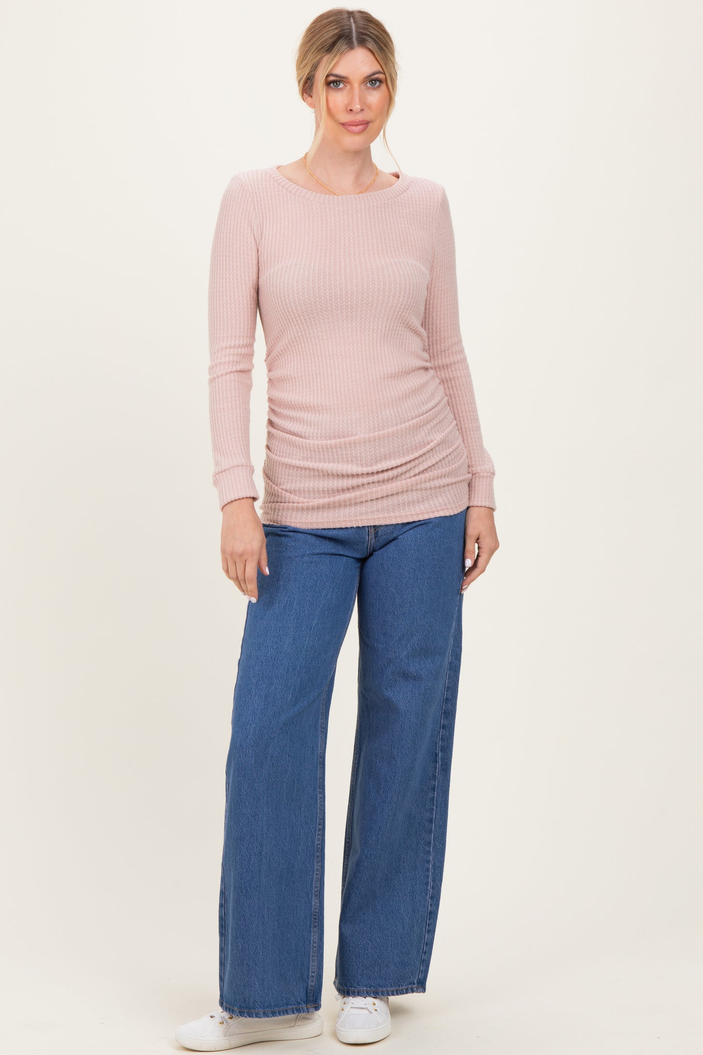 Mauve Waffle Knit Long Sleeve Ruched Tunic Top