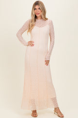 Beige Lace Mock Neck Long Sleeve Maternity Maxi Dress