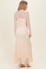 Beige Lace Mock Neck Long Sleeve Maxi Dress