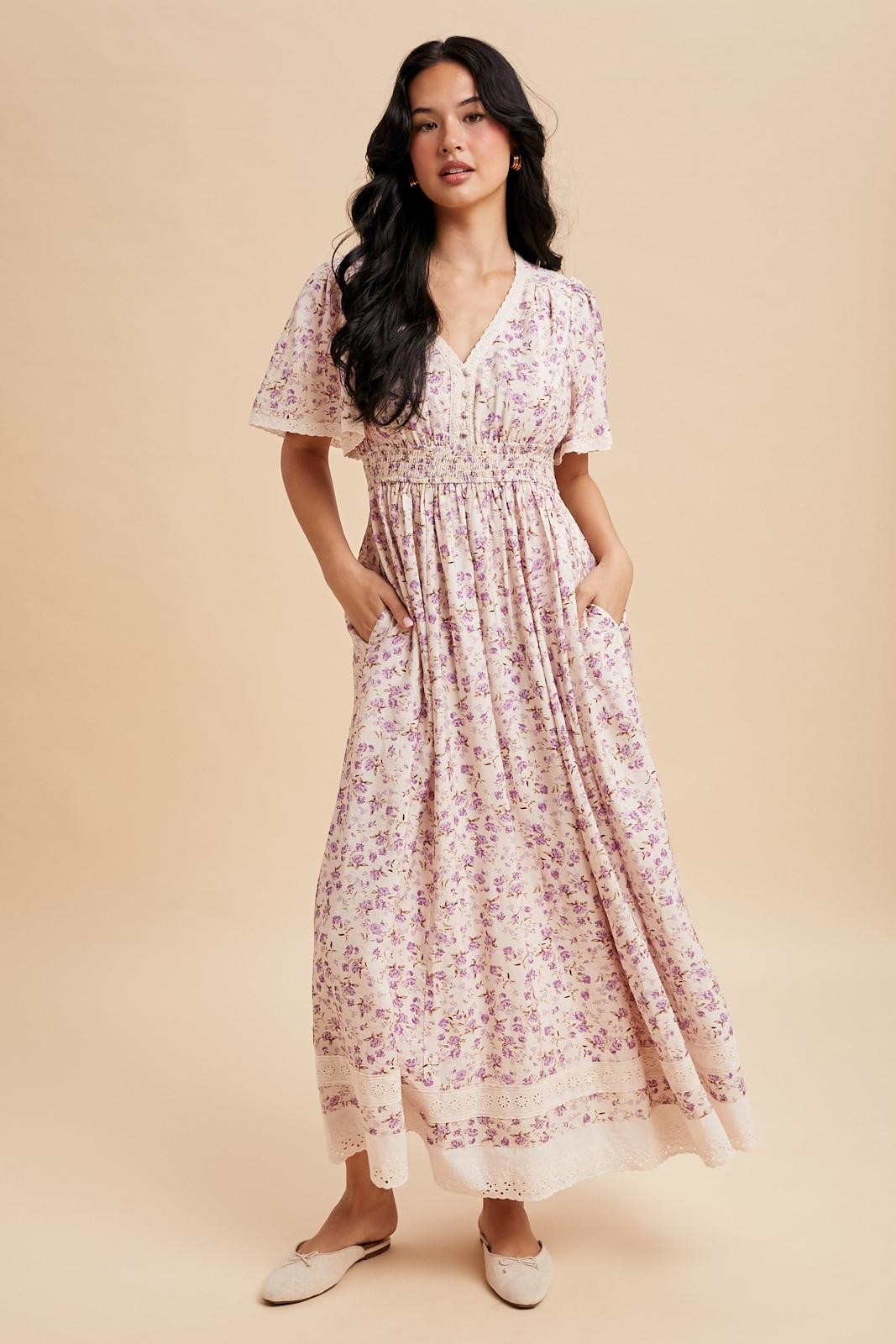 Lavender Floral Lace Trim Flutter Sleeve Maternity Maxi Dress