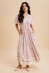 Lavender Floral Lace Trim Flutter Sleeve Maternity Maxi Dress