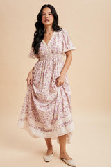 Lavender Floral Lace Trim Flutter Sleeve Maxi Dress