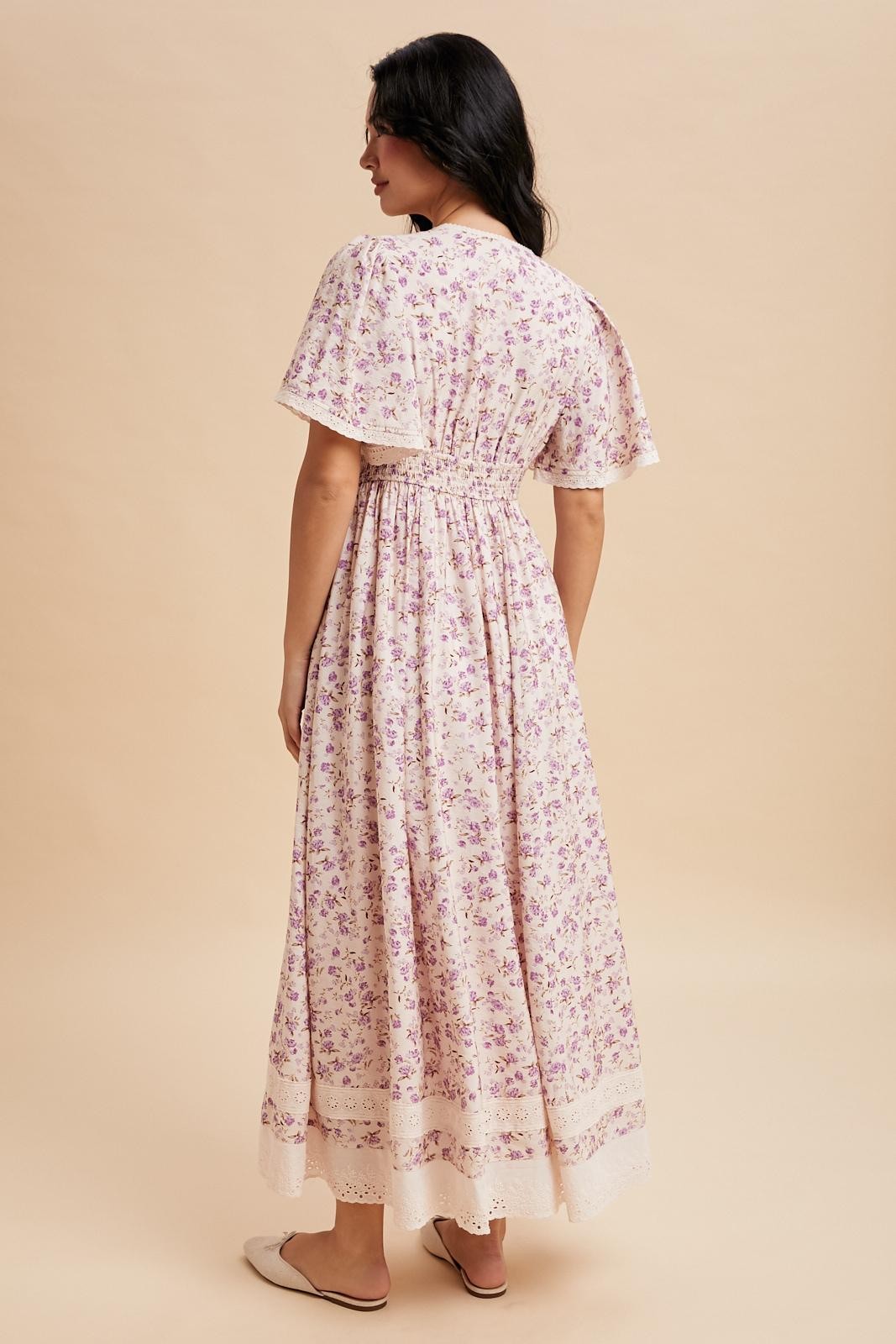 Lavender Floral Lace Trim Flutter Sleeve Maxi Dress