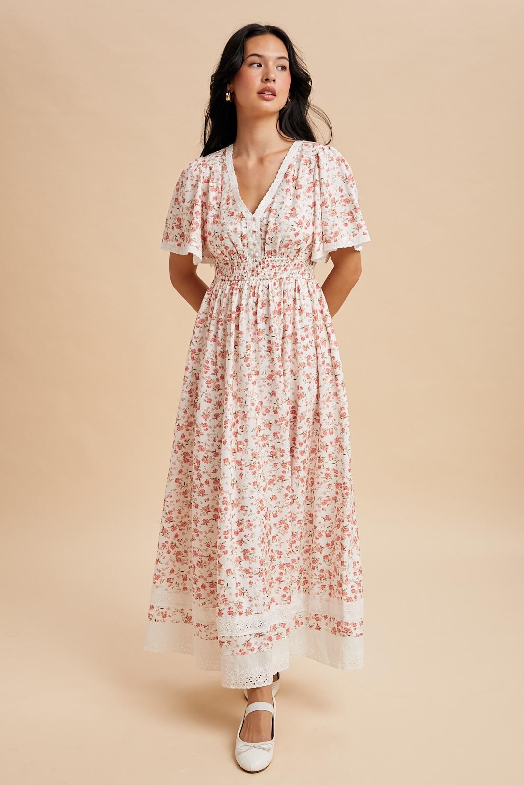 Pink Floral Lace Trim Flutter Sleeve Maxi Dress