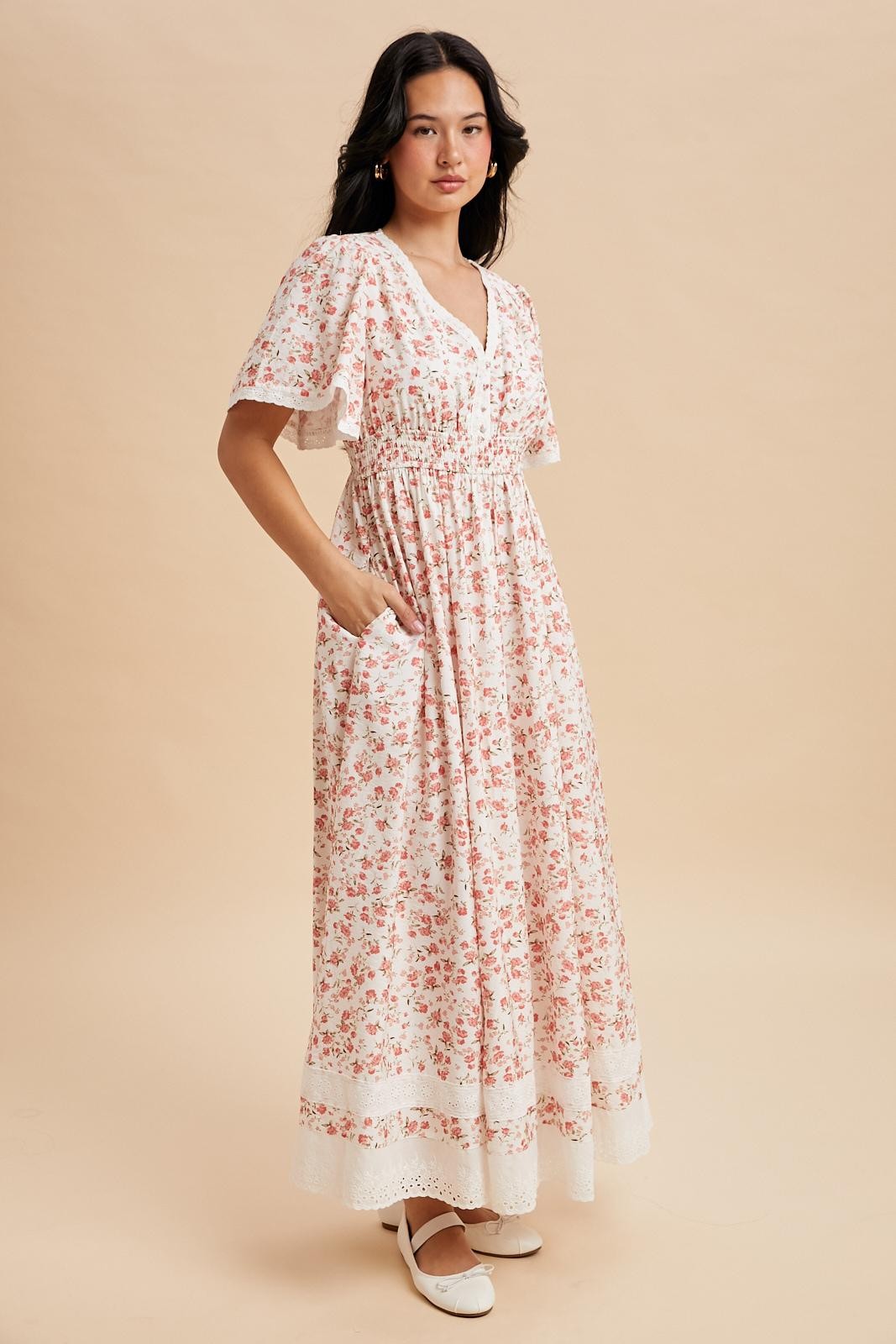 Pink Floral Lace Trim Flutter Sleeve Maxi Dress