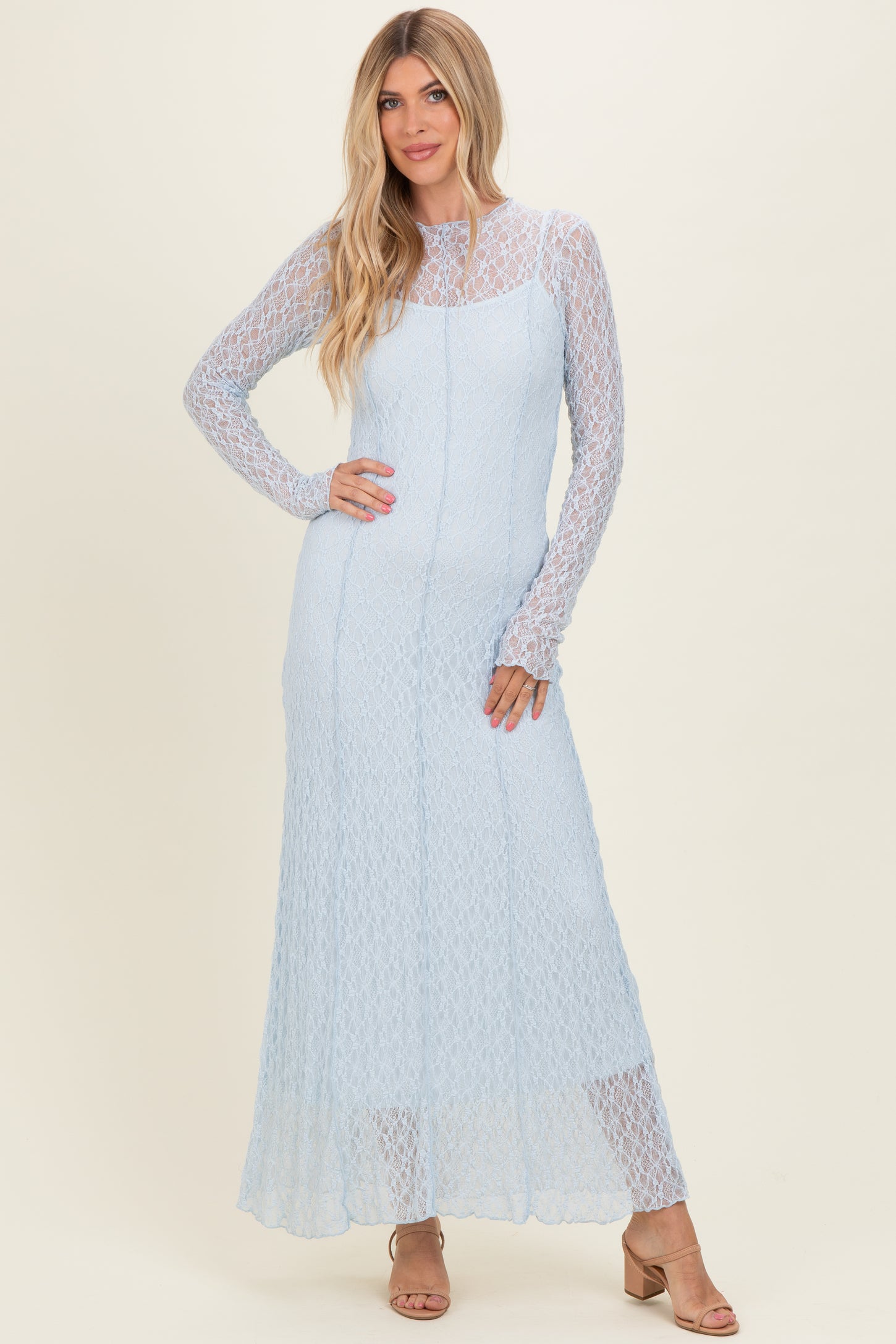 Light Blue Lace Mock Neck Long Sleeve Maxi Dress