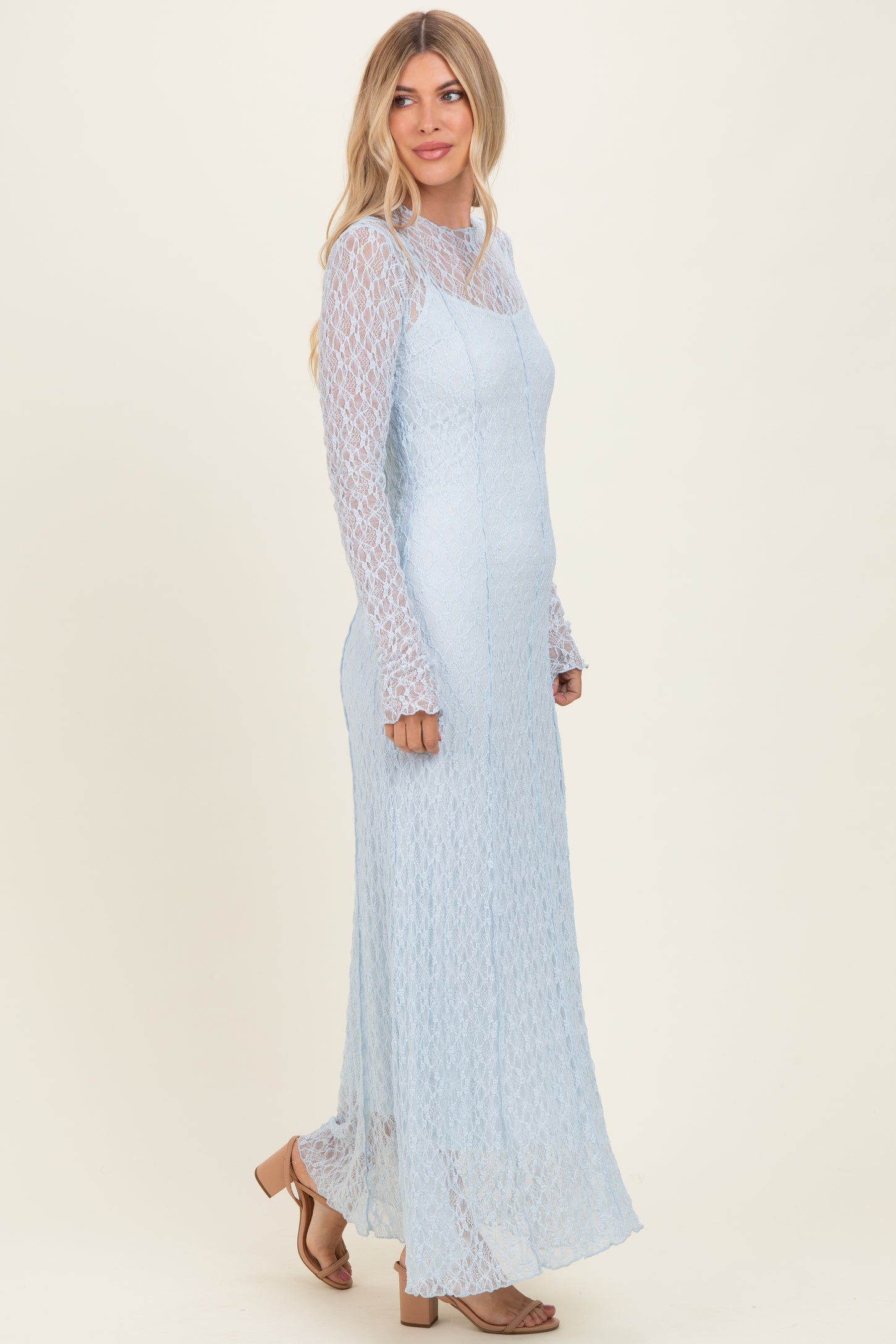 Light Blue Lace Mock Neck Long Sleeve Maxi Dress