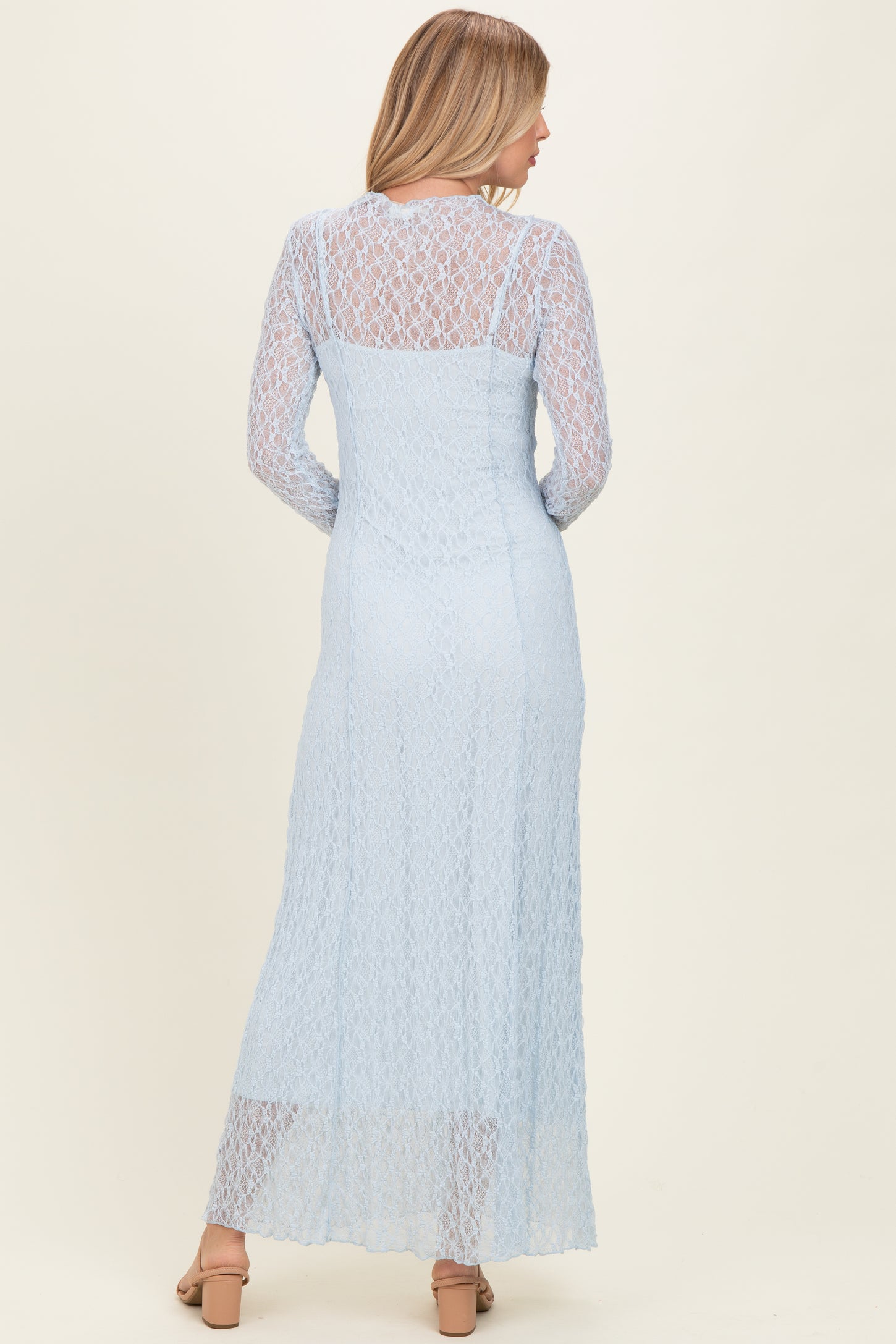Light Blue Lace Mock Neck Long Sleeve Maxi Dress