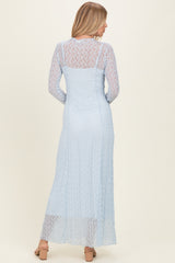 Light Blue Lace Mock Neck Long Sleeve Maxi Dress