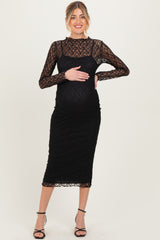 Black Lace Overlay Fitted Maternity Midi Dress