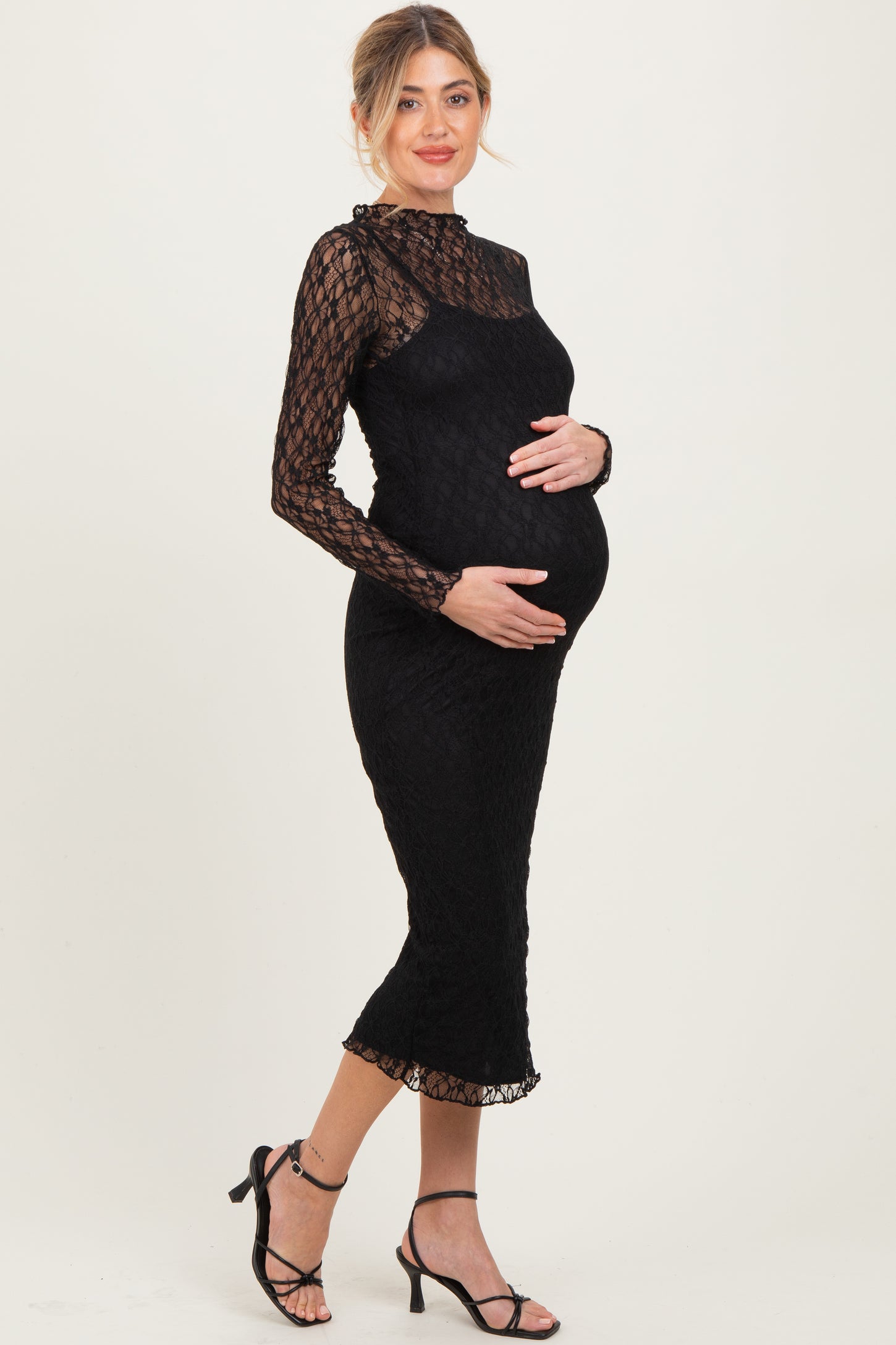 Black Lace Overlay Fitted Maternity Midi Dress