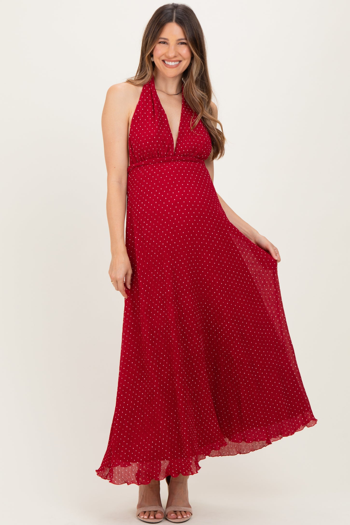 Red Polka Dot Halter Tie Open Back Maternity Maxi Dress