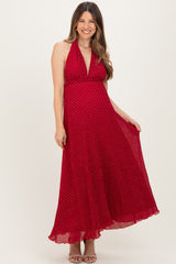 Red Polka Dot Halter Tie Open Back Maternity Maxi Dress