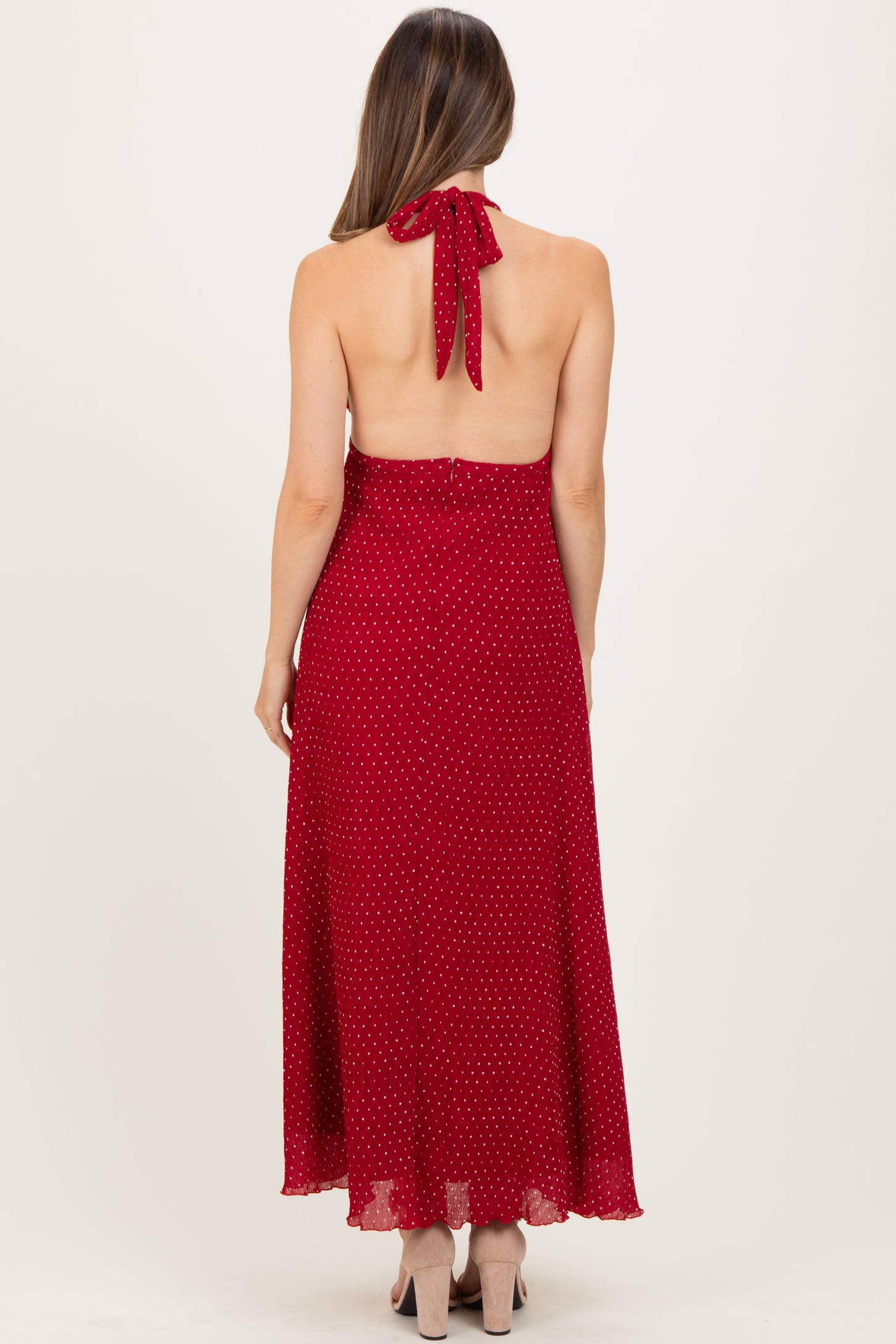 Red Polka Dot Halter Tie Open Back Maternity Maxi Dress