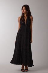 Black Polka Dot Halter Tie Open Back Maternity Maxi Dress