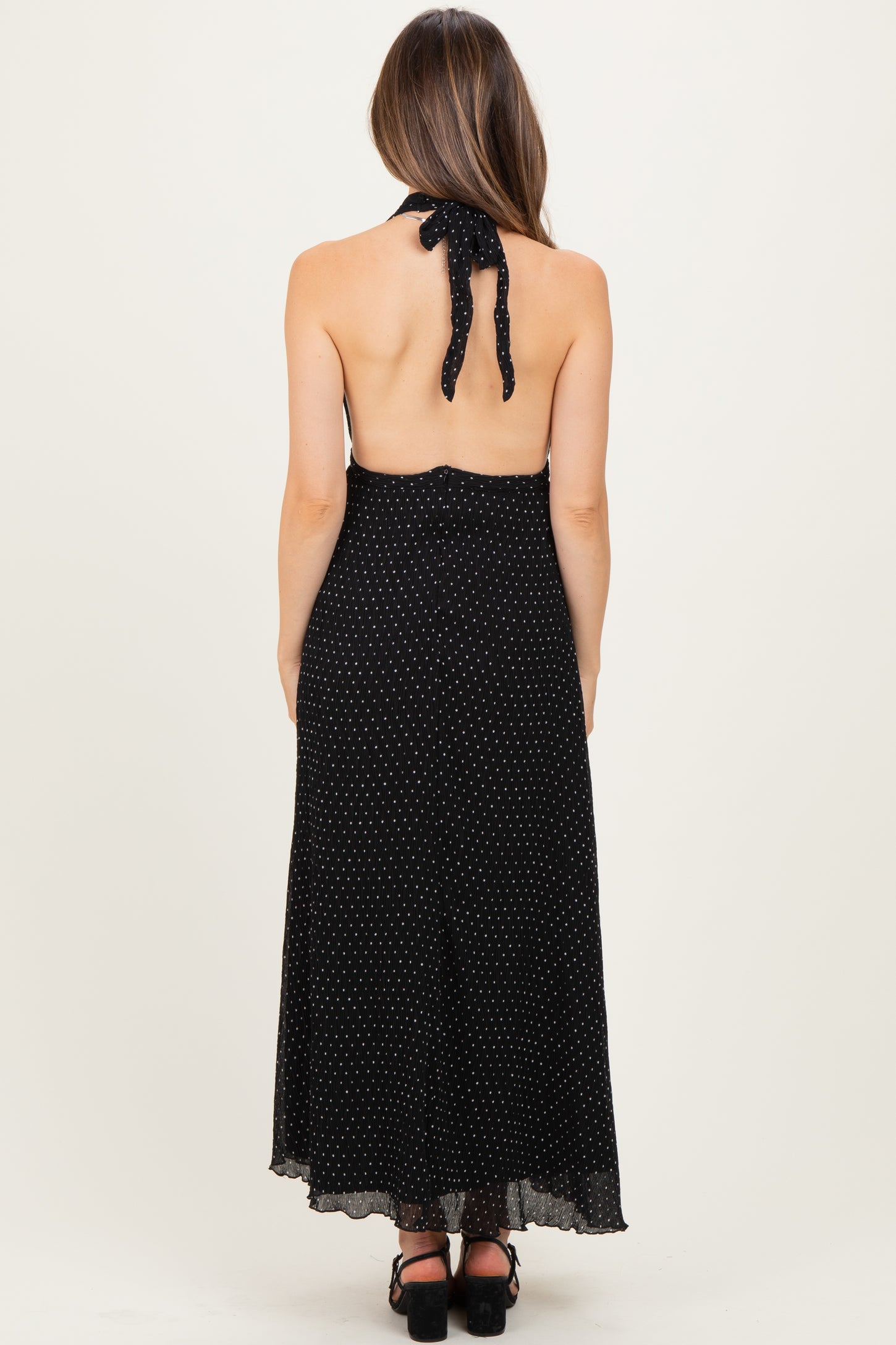 Black Polka Dot Halter Tie Open Back Maternity Maxi Dress