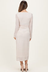 Beige Lace Jacquard Long Sleeve Maternity Midi Dress
