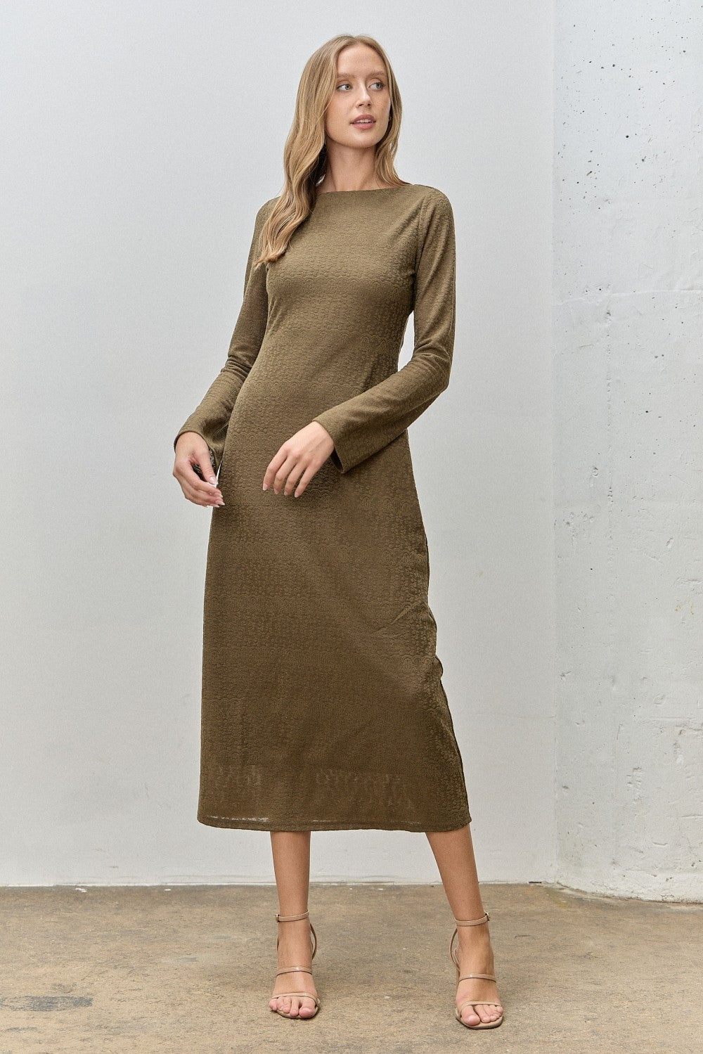 Olive Lace Jacquard Long Sleeve Maternity Midi Dress