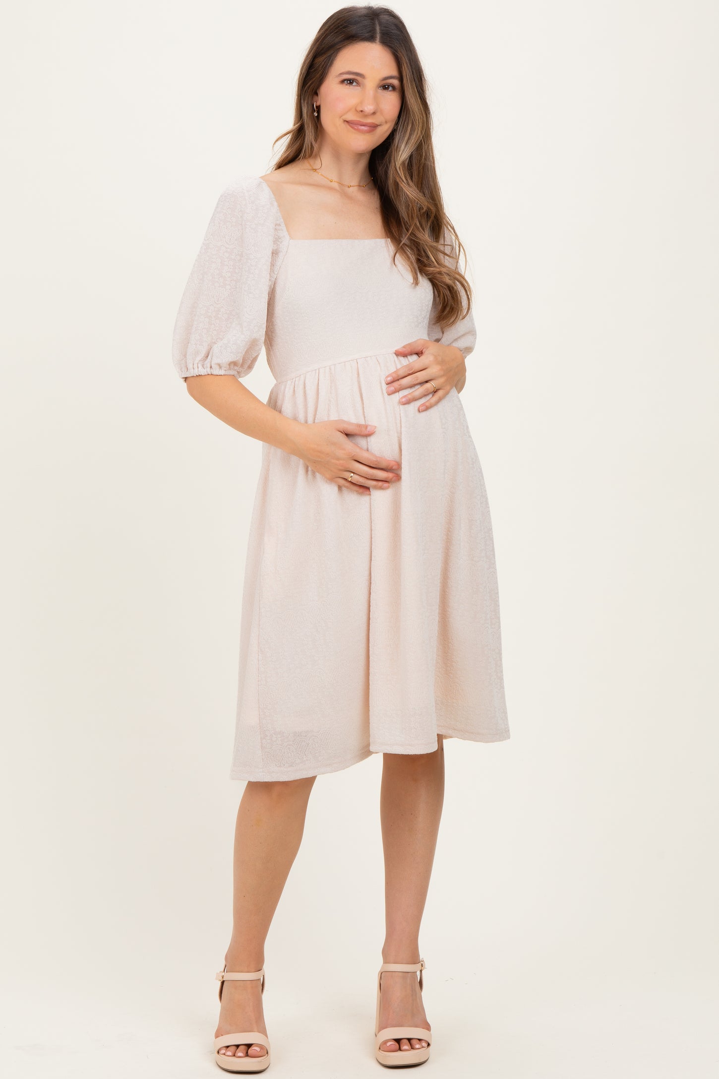 Beige Lace Jacquard Puff Sleeve Maternity Dress
