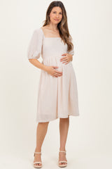 Beige Lace Jacquard Puff Sleeve Maternity Dress