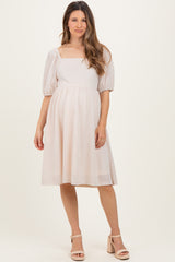 Beige Lace Jacquard Puff Sleeve Maternity Dress
