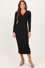 Black Ribbed Collared Long Sleeve Midi Dress