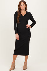 Black Ribbed Collared Long Sleeve Midi Dress