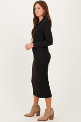 Black Ribbed Collared Long Sleeve Midi Dress