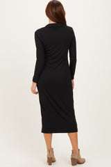 Black Ribbed Collared Long Sleeve Midi Dress