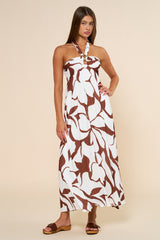 Brown Printed Halter Maternity Maxi Dress