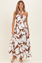 Brown Printed Halter Maternity Maxi Dress