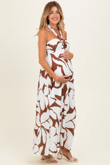 Brown Printed Halter Maternity Maxi Dress