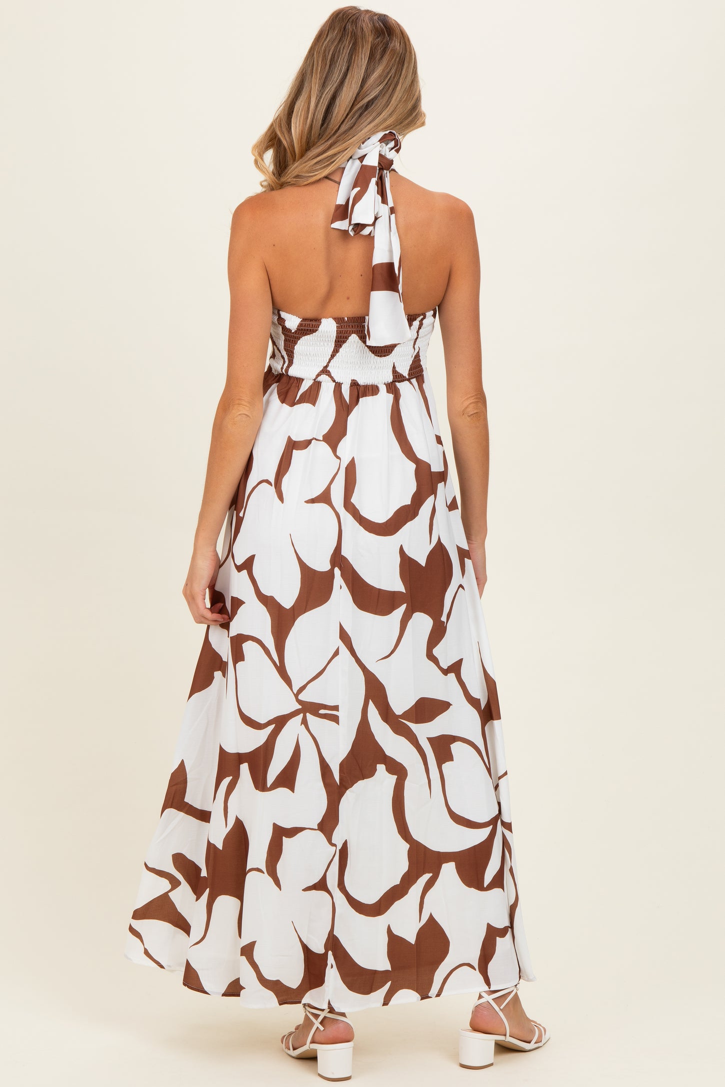 Brown Printed Halter Maternity Maxi Dress