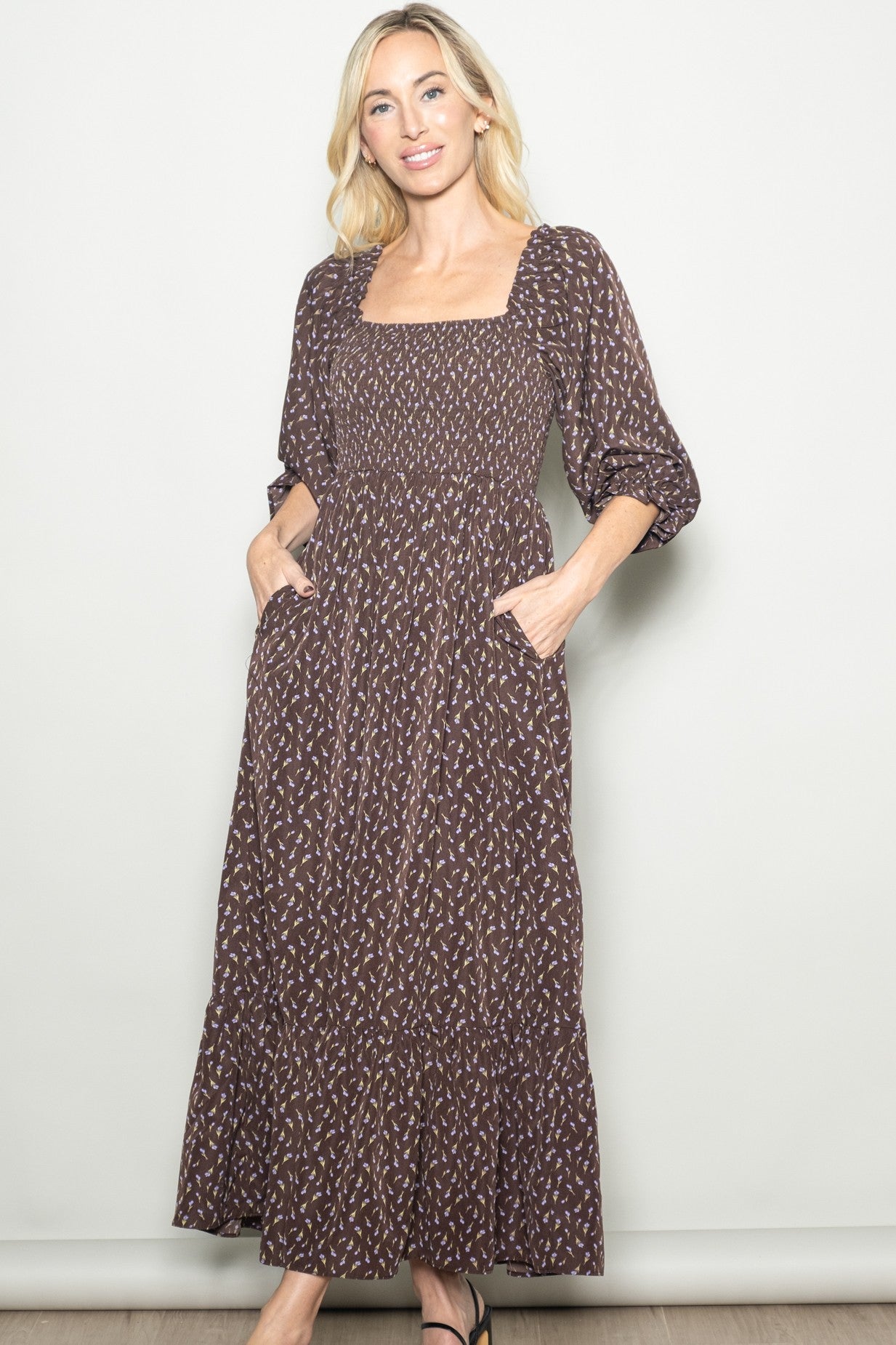 Chestnut Brown Floral 3/4 Sleeve Maxi Dress