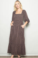 Chestnut Brown Floral 3/4 Sleeve Maternity Maxi Dress