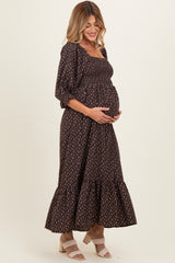 Chestnut Brown Floral 3/4 Sleeve Maternity Maxi Dress