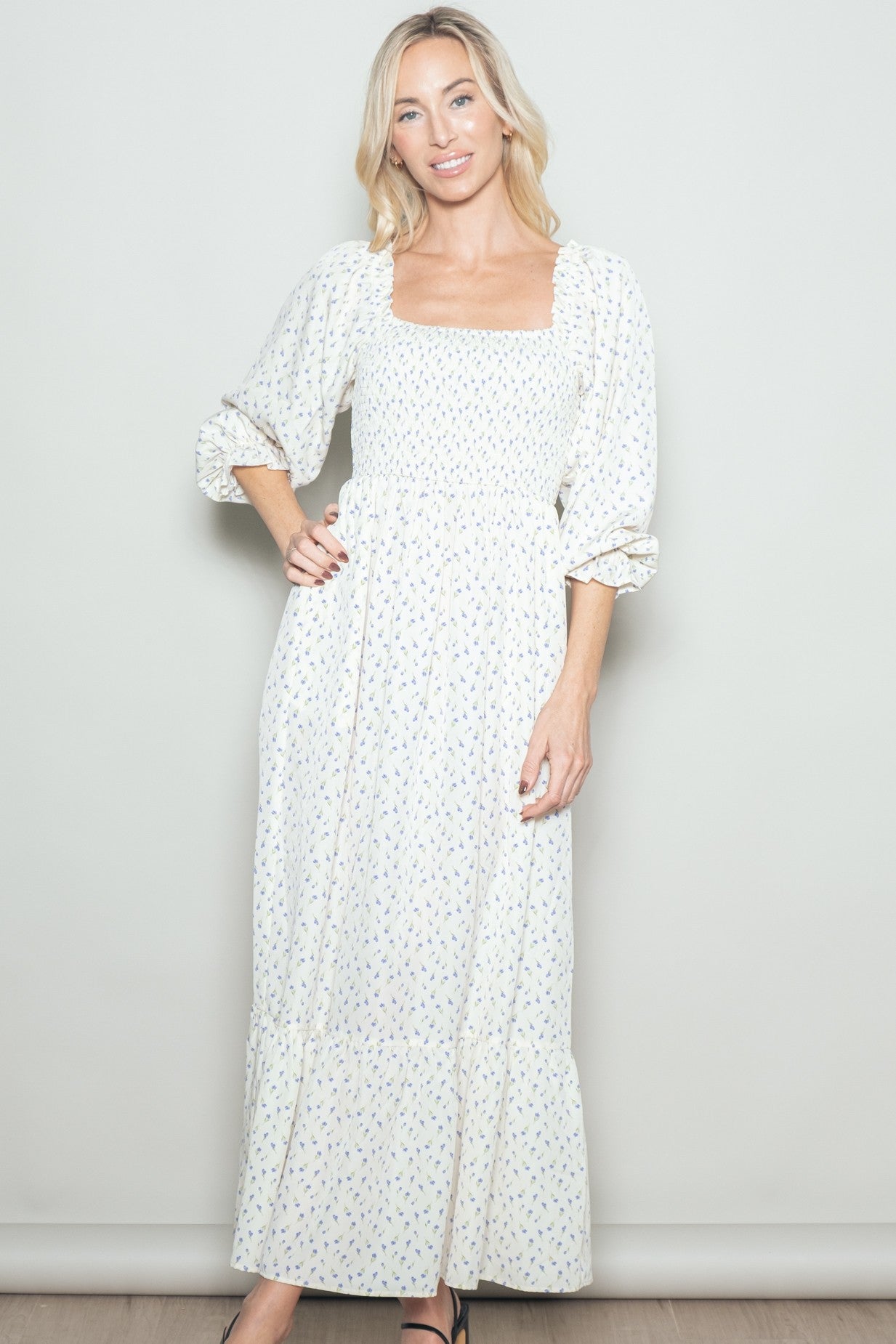 Cream Floral 3/4 Sleeve Maxi Dress