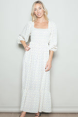 Cream Floral 3/4 Sleeve Maxi Dress