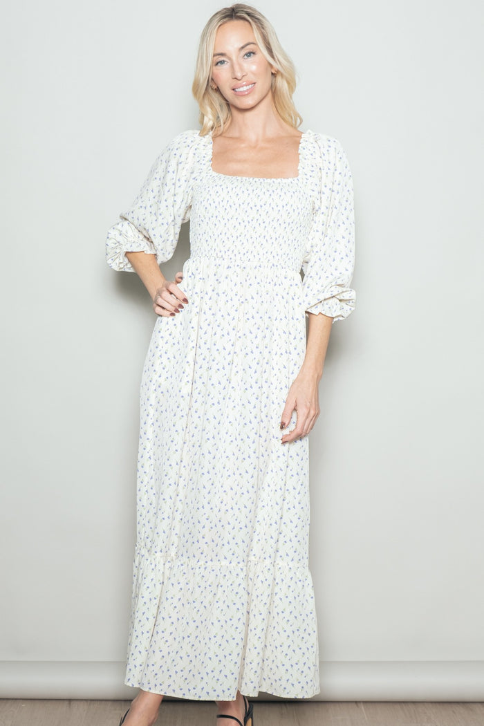Cream Floral 3/4 Sleeve Maxi Dress
