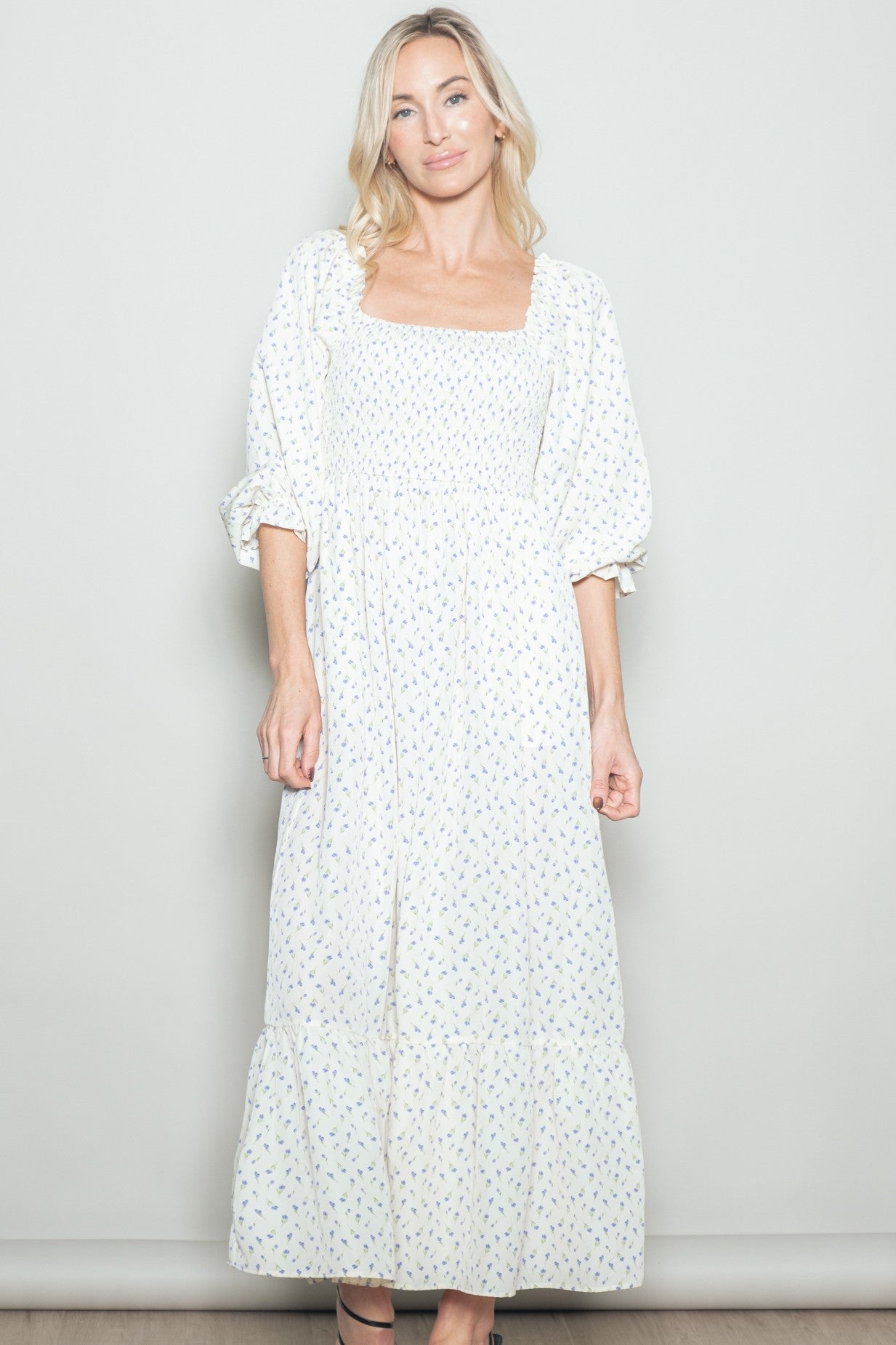 Cream Floral 3/4 Sleeve Maxi Dress