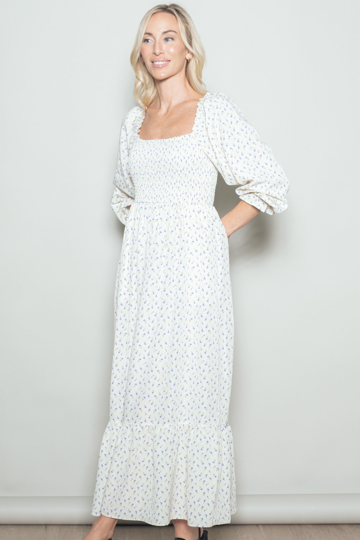 Cream Floral 3/4 Sleeve Maxi Dress