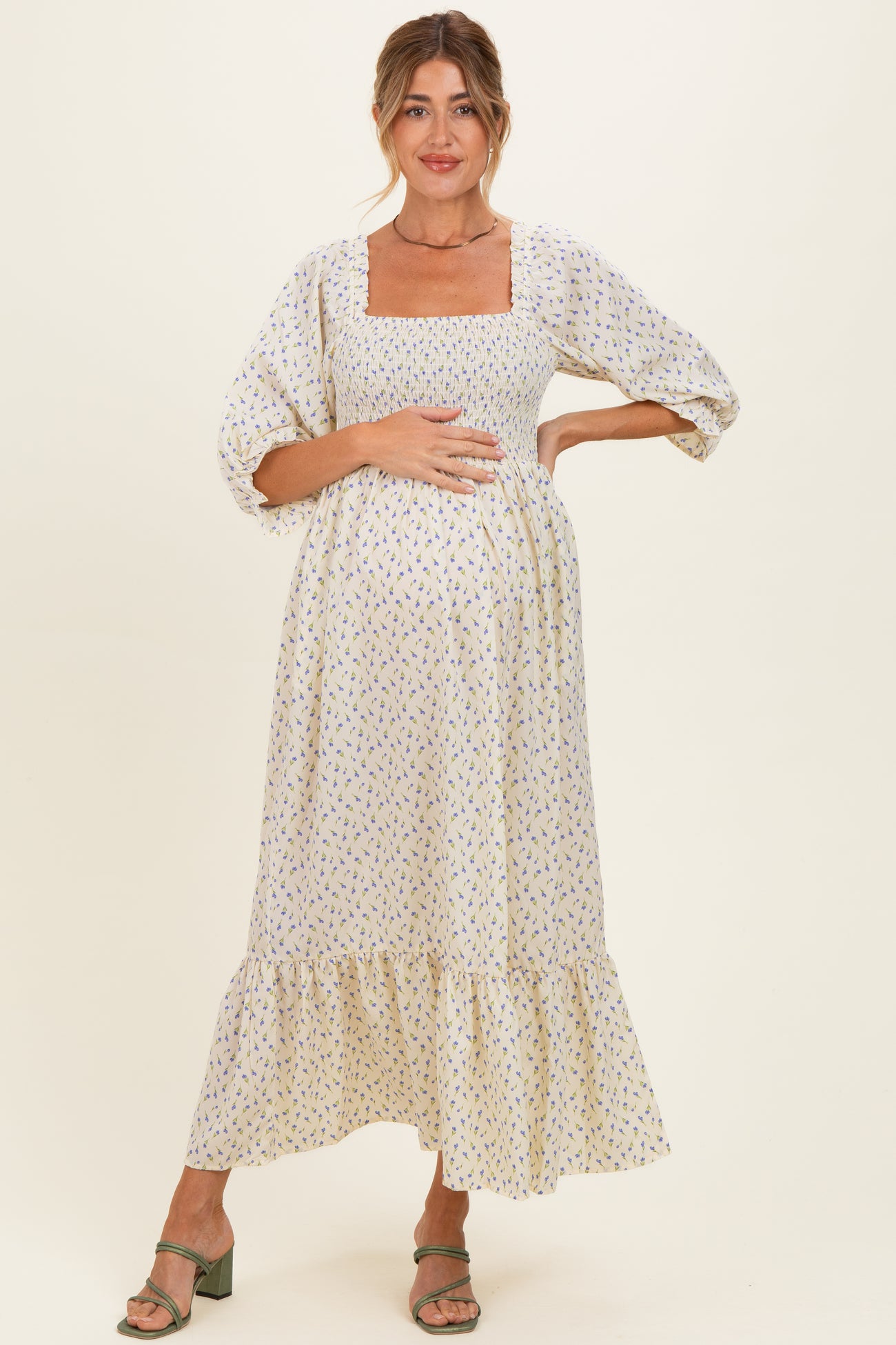 Cream Floral 3/4 Sleeve Maternity Maxi Dress