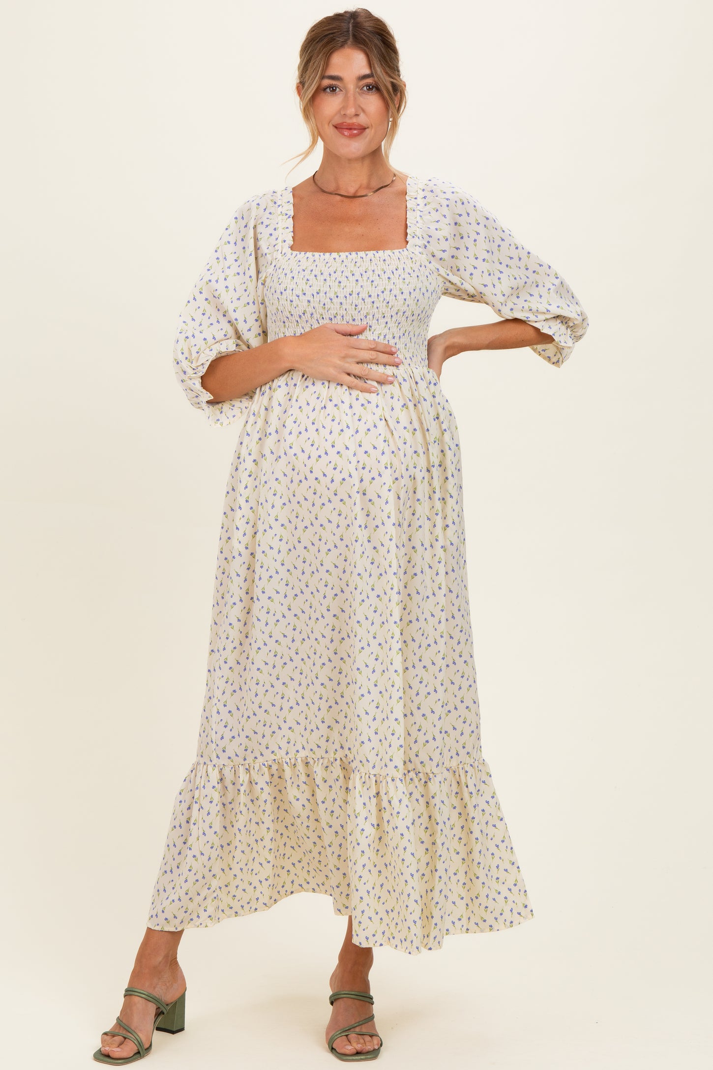 Cream Floral 3/4 Sleeve Maternity Maxi Dress
