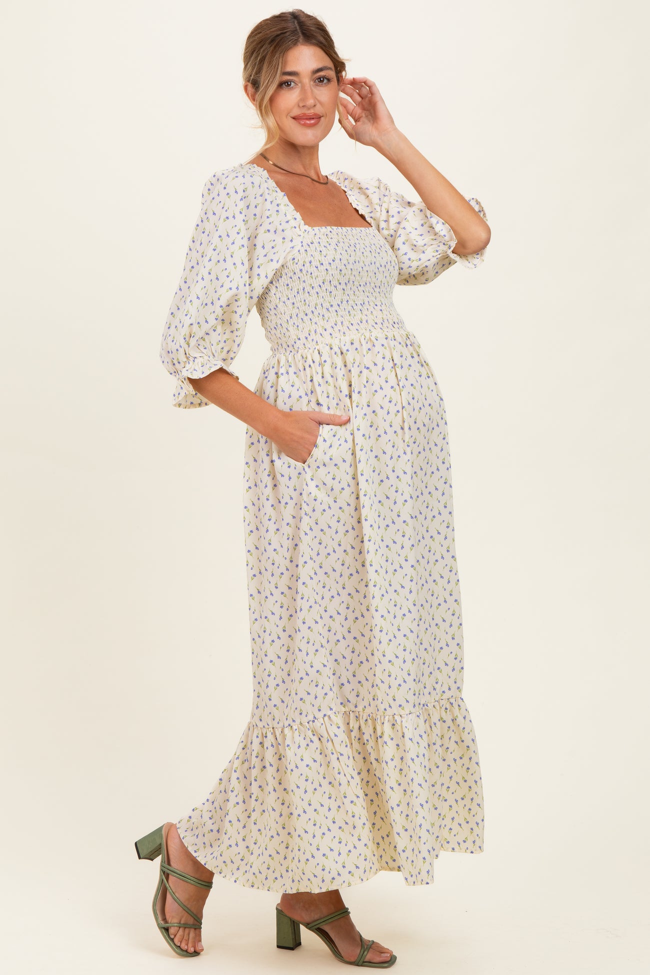 Cream Floral 3/4 Sleeve Maternity Maxi Dress