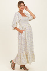 Cream Floral 3/4 Sleeve Maternity Maxi Dress