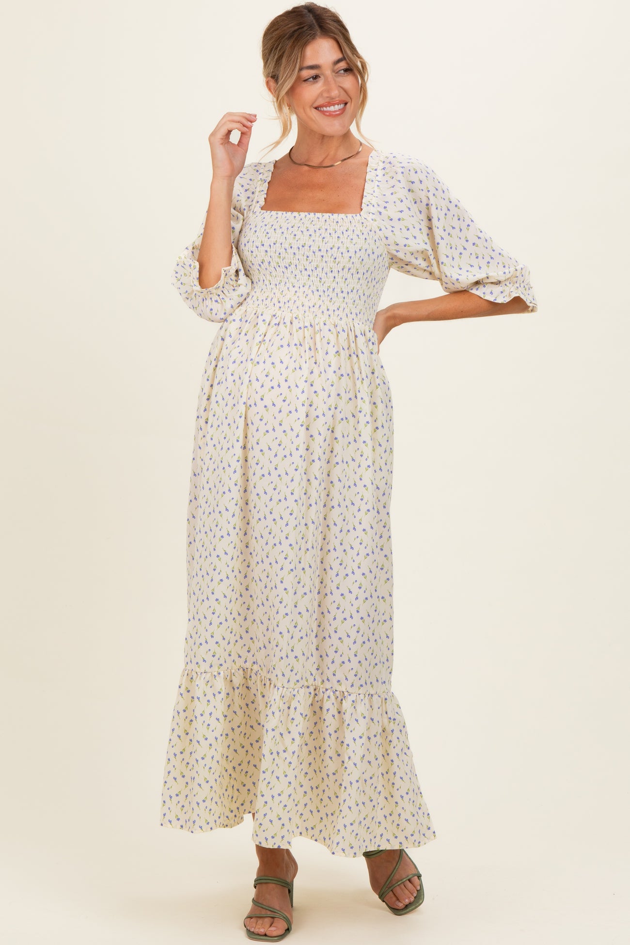Cream Floral 3/4 Sleeve Maternity Maxi Dress