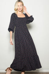 Black Floral 3/4 Sleeve Maxi Dress